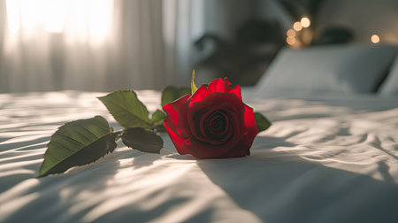 A red rose placed in the center of a white bed, surrounded by soft lighting and delicate touches, perfect for a honeymoon settingの素材