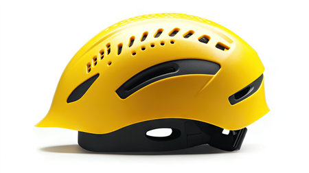 A professional yellow safety helmet, featuring a modern design with ventilation holes, isolated against a white backdropの素材