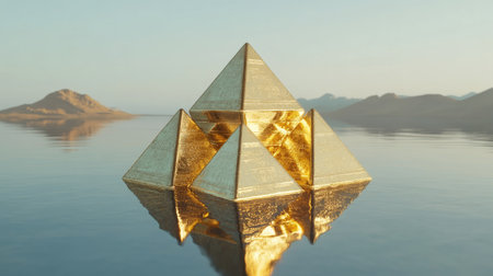 A pyramid of gold bars resting on a mirrored surface, creating a dramatic symmetrical reflectionの素材