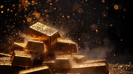A pile of gold bars with sparkling dust particles floating in the air, illuminated by dramatic lightingの素材