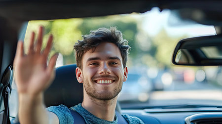 A man waving goodbye while sitting in a car, looking back through the rearview mirror as he drives awayの素材
