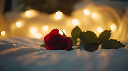 A red rose placed on a white bed surrounded by soft lighting, creating a magical and intimate atmosphere for a newlywed coupleの素材