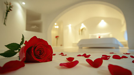 A red rose on a white bed with scattered rose petals and soft lighting in the background, creating a perfect honeymoon atmosphereの素材