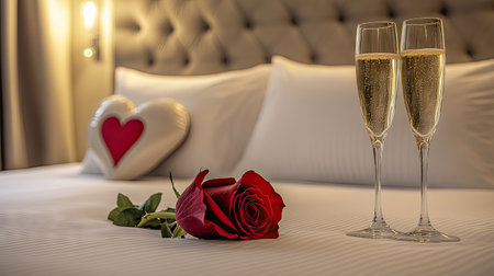 A romantic red rose resting on a crisp white bed with a pair of elegant champagne glasses and a heart-shaped pillow nearbyの素材