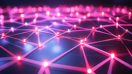 A network of digital blocks interconnected with neon light, representing secure blockchain transactionsの素材