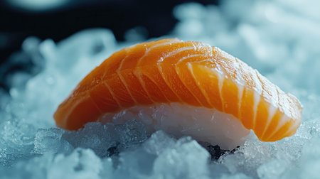 A piece of raw salmon with its bright, orange fillet placed delicately on crushed ice, ready for cooking or servingの素材