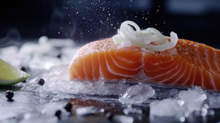 A raw salmon fillet on a bed of ice, ready to be served, with finely chopped onions and a sprinkle of black pepper nearbyの素材