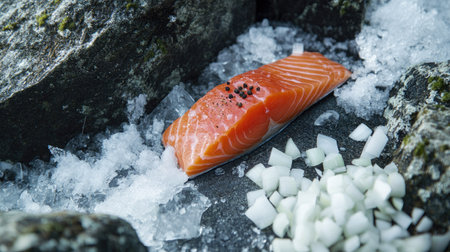 A raw salmon fillet on a bed of ice, ready to be served, with finely chopped onions and a sprinkle of black pepper nearbyの素材