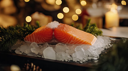 A raw salmon fillet on a bed of ice with droplets of water glistening, highlighting the freshness of the fishの素材