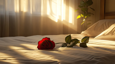 A red rose lying on a fresh white bed, with soft sunlight streaming through the window, adding warmth to a honeymoon suiteの素材