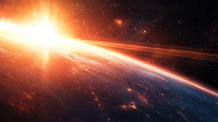 A radiant lens flare bursting from the horizon, blending with warm cosmic tones and subtle light streaksの素材