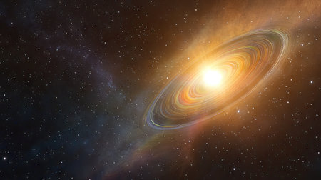 A radiant white lens flare centered with glowing rainbow rings, fading into a star-dotted cosmic backgroundの素材