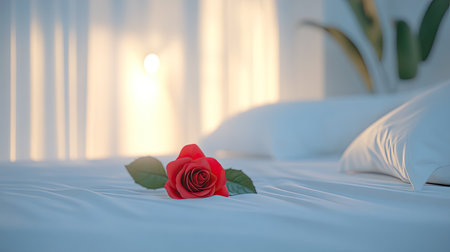 A red rose placed elegantly on a white bed, with a stylish, minimalistic dcor and a soft, romantic glowの素材