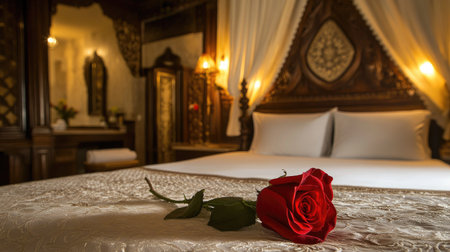A red rose on a white, plush bed with a luxurious duvet and soft lighting, creating an elegant and serene atmosphere for a honeymoon suiteの素材
