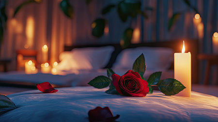 A romantic honeymoon setting with a red rose on the white bed, surrounded by candles and soft textures, evoking love and intimacyの素材