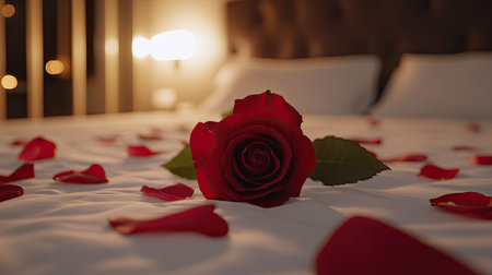 A red rose on a white bed with scattered rose petals and soft lighting in the background, creating a perfect honeymoon atmosphereの素材