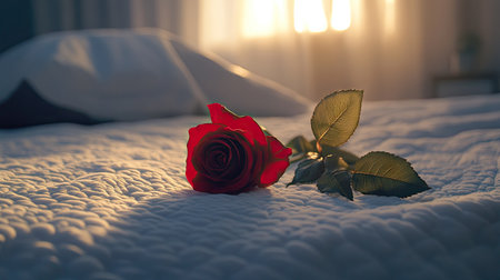 A romantic scene featuring a red rose on a white bed, with a soft, luxurious blanket and a calm, serene atmosphereの素材