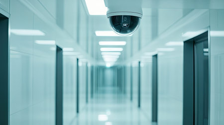 A security CCTV camera on the ceiling of a bright, clean hallway inside an office building, ensuring safetyの素材