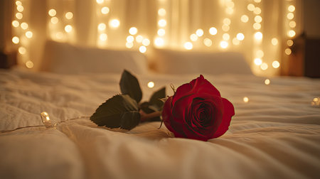 A red rose placed on a white bed surrounded by soft lighting, creating a magical and intimate atmosphere for a newlywed coupleの素材