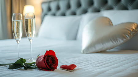 A romantic red rose resting on a crisp white bed with a pair of elegant champagne glasses and a heart-shaped pillow nearbyの素材