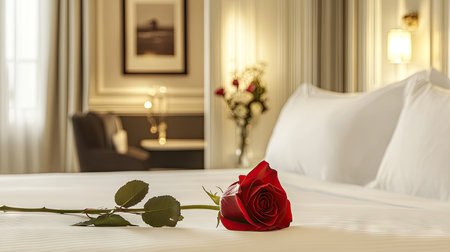 A red rose placed on a pristine white bed, with a hint of romantic elegance in the background, ideal for a honeymoon celebrationの素材