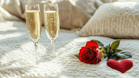 A romantic red rose resting on a crisp white bed with a pair of elegant champagne glasses and a heart-shaped pillow nearbyの素材