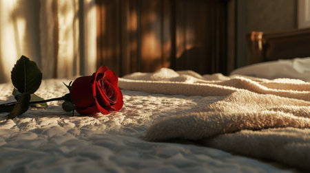 A romantic scene featuring a red rose on a white bed, with a soft, luxurious blanket and a calm, serene atmosphereの素材