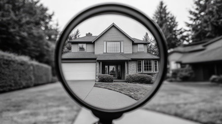 A magnifying glass over a photo of a house, symbolizing careful scrutiny during house huntingの素材
