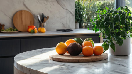A marble table in a contemporary kitchen, with fresh fruit and a cutting board on displayの素材
