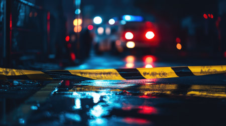 A nighttime scene with yellow and black barricade tape lit by flashing emergency vehicle lightsの素材