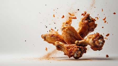 A shot of crispy roasted chicken wings, seasoned with a flying burst of spices, captured against a white background.の素材