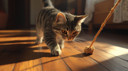 A mischievous cat playing with a string toy, twisting and turning on a clean wooden floor, with its playful paws in motion.の素材