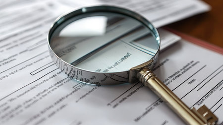 A magnifying glass over a house key and real estate documents, highlighting the home-buying processの素材