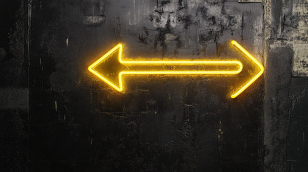 A minimalist composition featuring a neon yellow one-way arrow on a black backgroundの素材