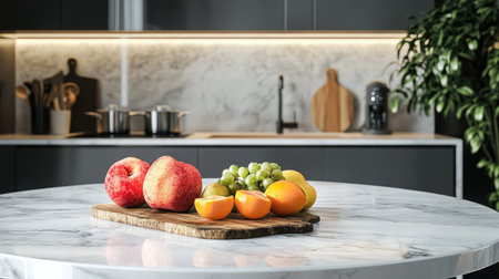 A marble table in a contemporary kitchen, with fresh fruit and a cutting board on displayの素材