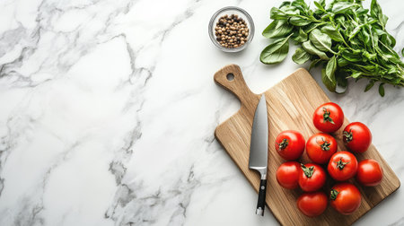 A modern marble kitchen countertop with a cutting board, knife, and fresh ingredientsの素材
