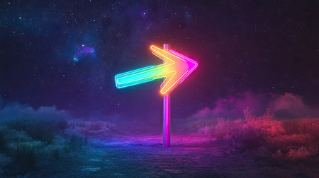 A glowing neon rainbow one-way arrow sign standing out against a starry night sky backdropの素材