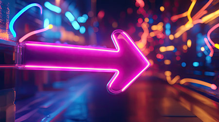A neon pink one-way arrow pointing to the left, surrounded by colorful abstract light trailsの素材
