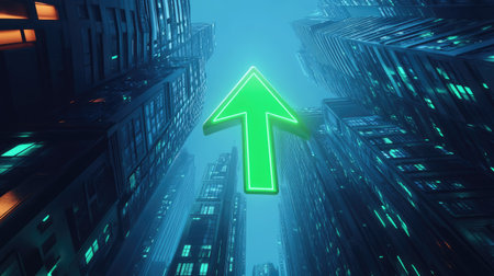 A futuristic cityscape with a neon green one-way arrow directing traffic among glowing skyscrapersの素材