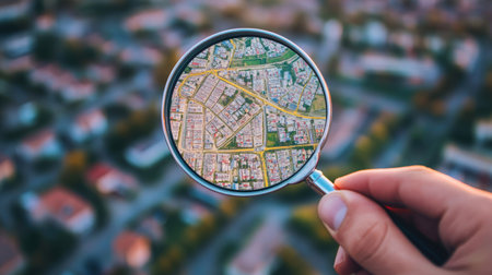 A hand holding a magnifying glass above a property map, signifying a search for a new homeの素材