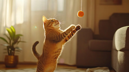 A happy cat jumping to catch a dangling toy, its paws extended and eyes full of concentration in a bright, cozy room.の素材