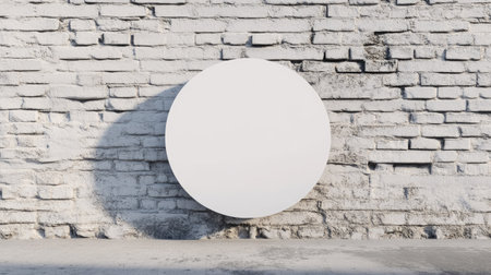 A round signboard mockup with a clean white background, placed on a textured brick wallの素材