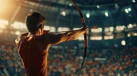 A professional archer aiming a bow at a target during an intense competition in a packed stadiumの素材