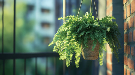 A green fern with cascading leaves growing in a hanging pot, creating a peaceful atmosphere on a balconyの素材