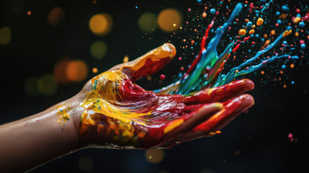 A hand throwing liquid paint in bold colors, with droplets flying dramatically through the airの素材