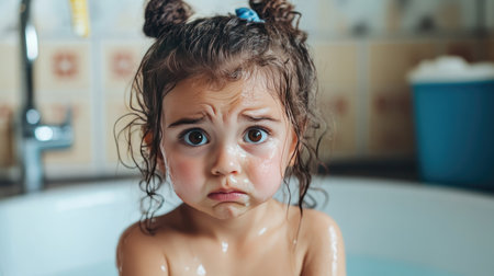 A little girl crying while sitting in a bathtub, her face showing a mix of sadness and frustrationの素材