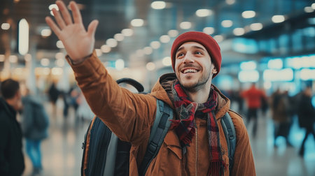 A man in casual clothing waving goodbye to a loved one at the airport, with a friendly and emotional expressionの素材