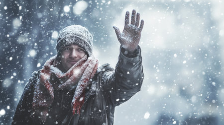 A man in a jacket and scarf waving goodbye in the winter, surrounded by snow and cold weatherの素材