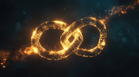 A glowing chain-link symbol made of binary code, floating in a dark space with light particle effectsの素材