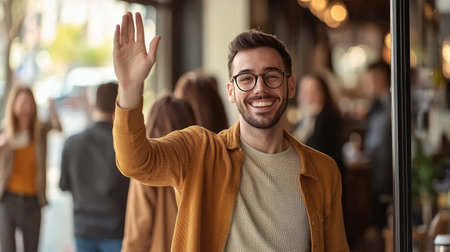 A man waving goodbye to a group of friends as he leaves a coffee shop, with a happy expression and a relaxed postureの素材